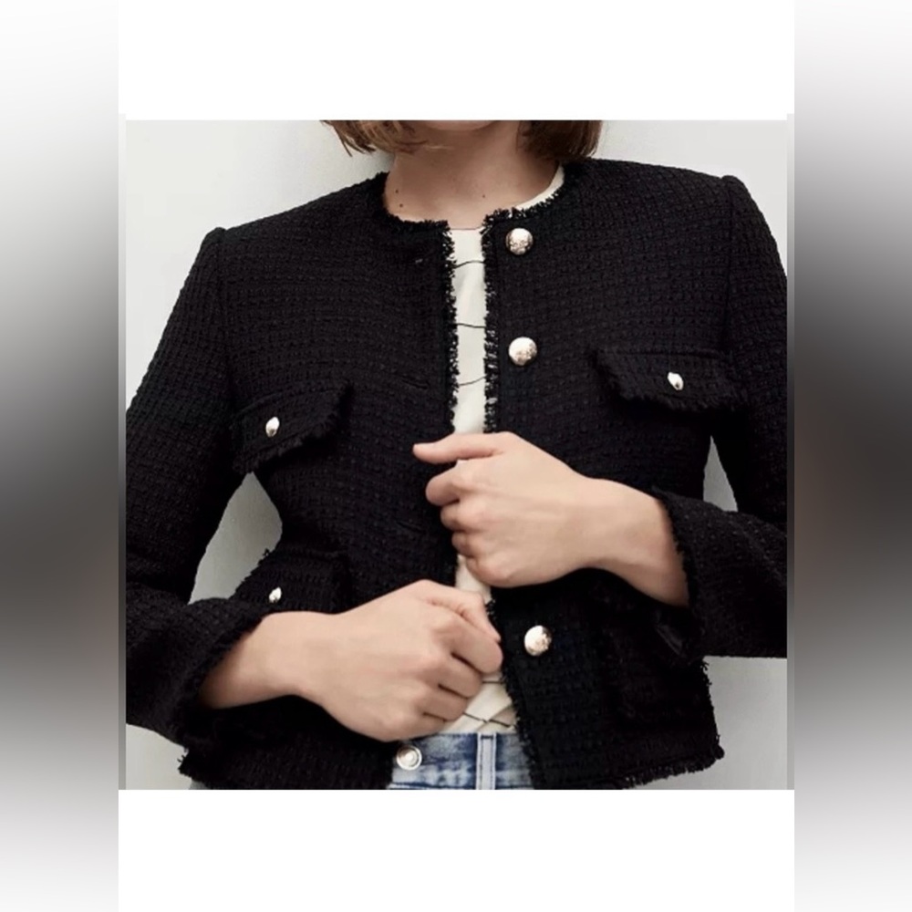 MNG Waist Jacket Tweed Fringe Details Silver Tone Metal Buttons on Black Size S